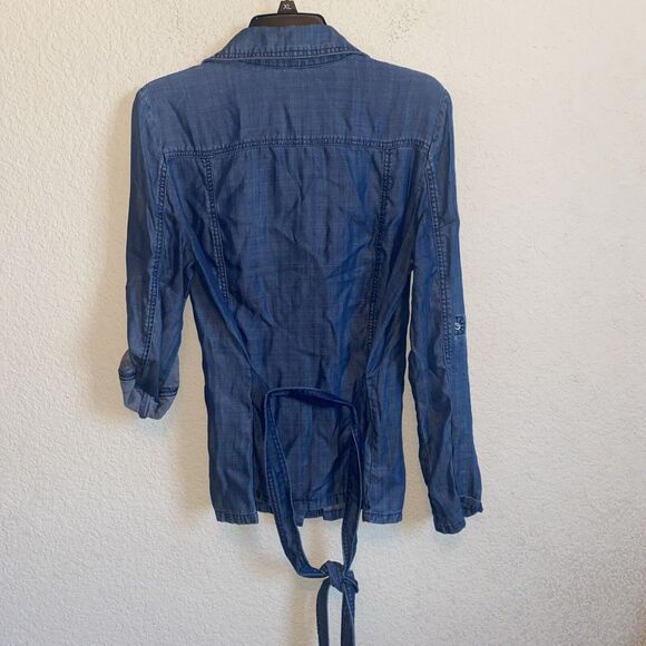 WHBM Women Denim Boyfriend Snap Long Sleeve Shirt Roll Tab M Tie Back Western - Picture 7 of 11